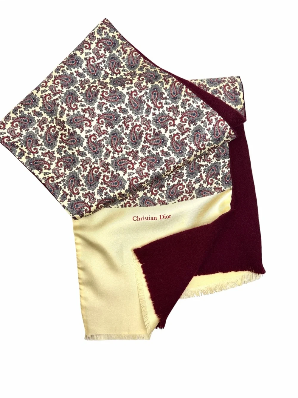 Christian Dior Men’s  Doubled Scarf Silk Wool Burgundy Cream Paisley